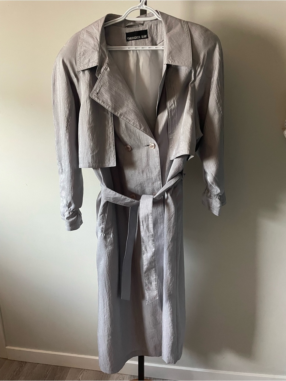 Vintage 80s Thunder Bay Silver Crinkle Metallic Long Belted Trench Coat Duster